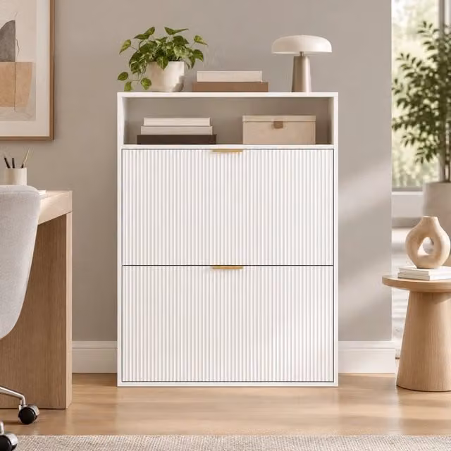 Scarpiera ULEVR 80x24x102,5 cm con 2 vani a ribalta e ripiano superiore, bianca
