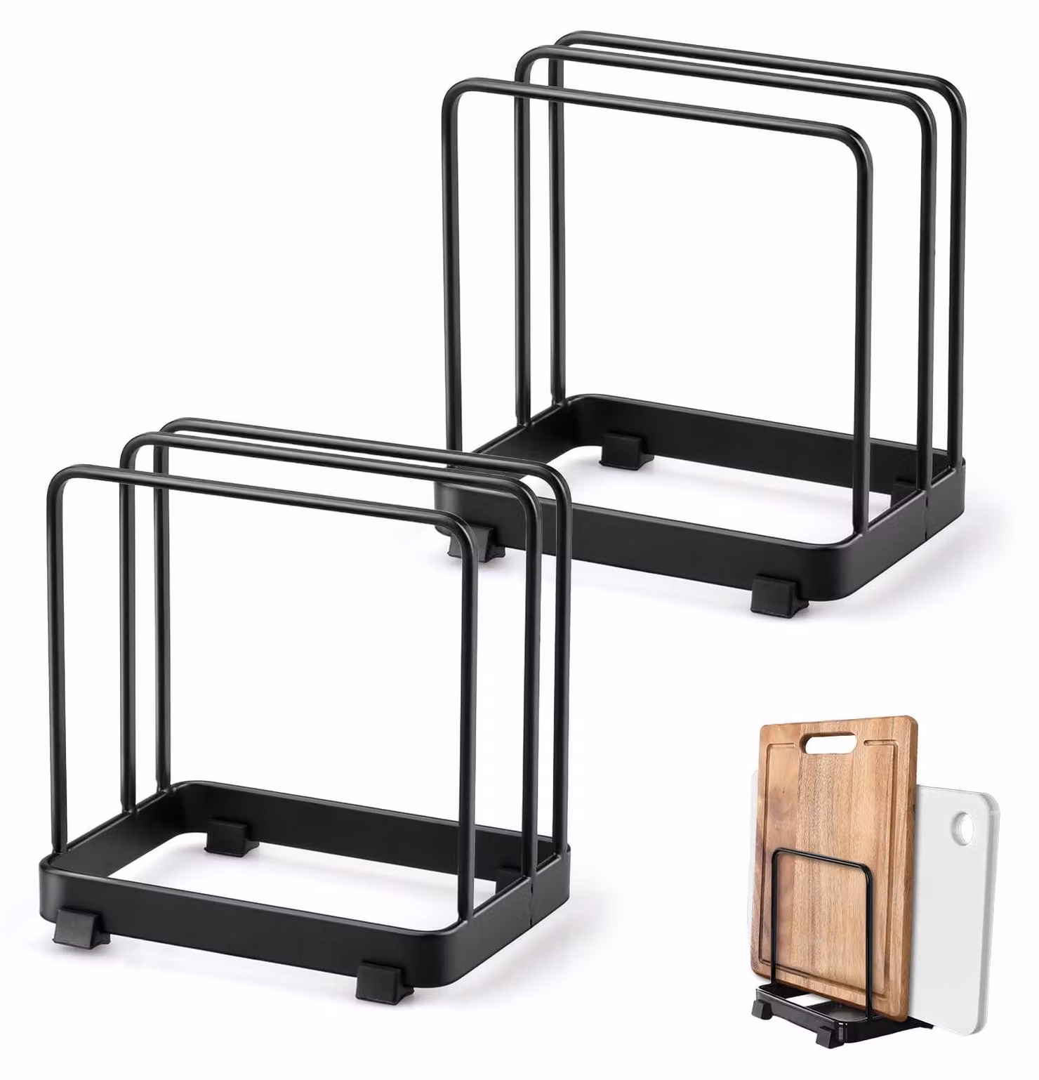 Set di 2 supporti per taglieri in metallo, neri, salvaspazio, organizer per la cucina