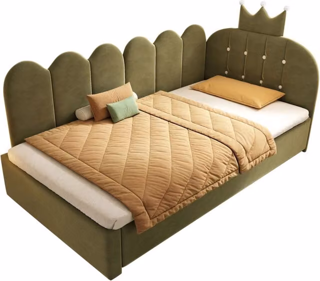 Letto singolo con letto estraibile 90x200 cm; in velluto verde; con letto ospite 90x190 cm