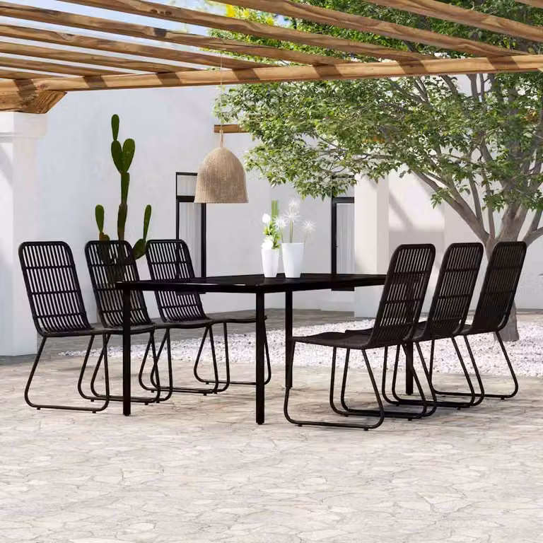 Set da pranzo per giardino e terrazzo vidaXL in stile moderno, composto da 7 pezzi con tavolo rettangolare in vetro e sedie con cuscini, colore nero opaco