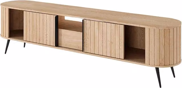 Mobile Porta TV Con 2 Ante Scorrevoli 1 Cassetto Push To Open E Vano A Giorno Piedi In Metallo Nero Per Soggiorno Salotto Living 196 X 40.2 X 51.2 Cm Rovere