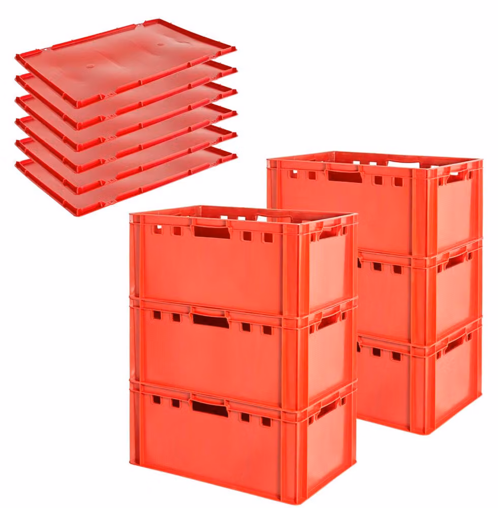 Contenitore per carne E3 con coperchi. Contenitore per carne rosso. Contenitore per macellaio. Contenitori per carne. Contenitore. Contenitore per carne, tipo Eurobox, adatto per alimenti, dimensioni 60 x 40. Contenitore per macellaio, marca Kingpower, qu