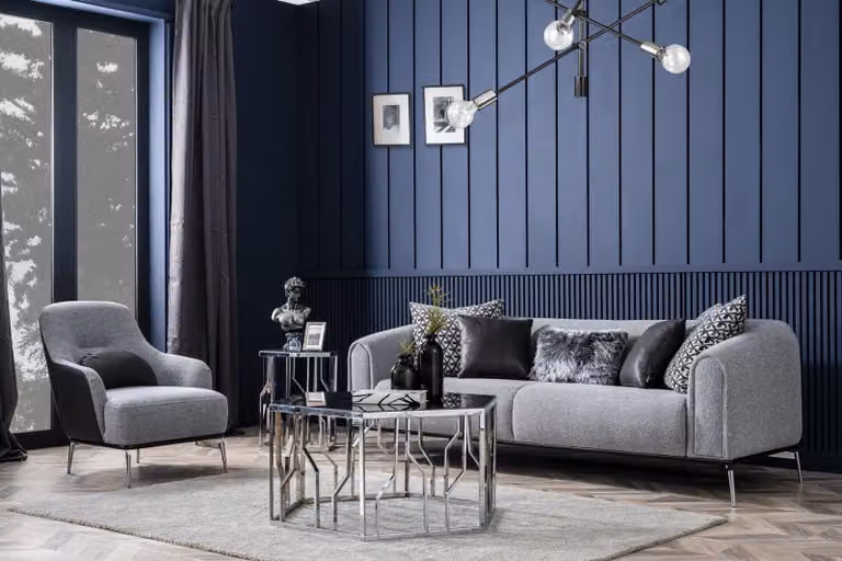 Garnitur Sofa 3 Sitz Sessel Dreisitzer Stoff Grau Modern Polyester