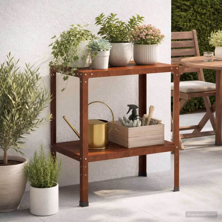 vidaXL Tavolo da rinvaso moderno in metallo e legno, colore marrone, L 80 cm x P 50 cm x H 80 cm