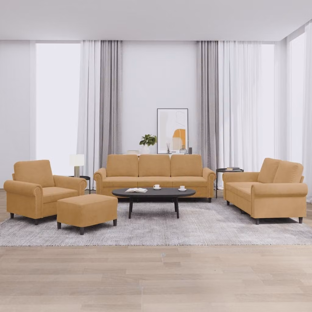 Set di Divani 4 pz con Cuscini Marrone in Velluto