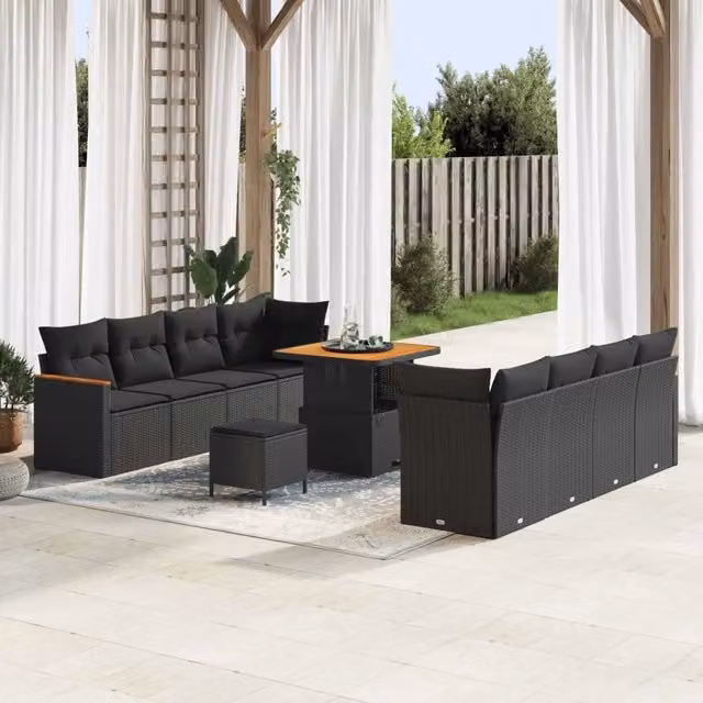 Set Divano da Giardino 12 pz 10-Numero di posti Nero polyrattan 3364964