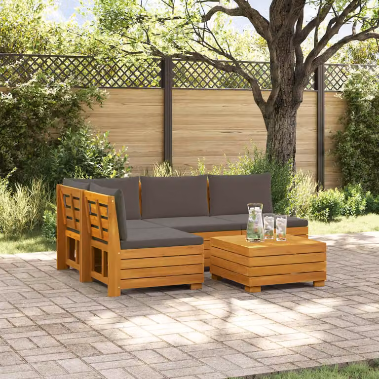 Set di divani da esterno vidaXL a forma di L in legno di acacia massello marrone con tavolo da caffè e cuscini inclusi