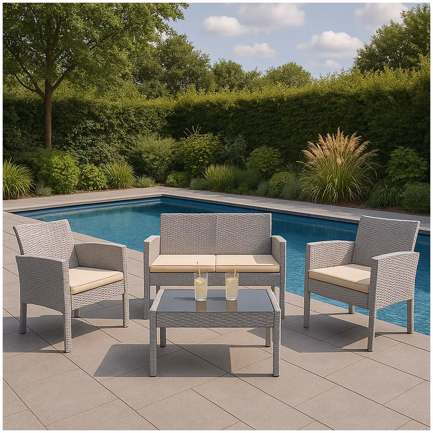 Set da giardino in polyrattan a 4 pezzi con tavolo Set di mobili da giardino Zita Grigio