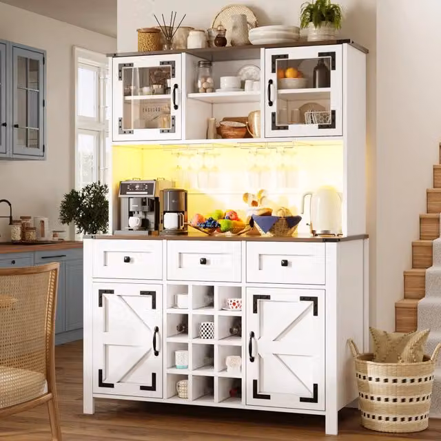 Mobile alto da cucina bianco 120x40x170 cm, 4 ante e 3 cassetti, con porte USB, prese elettriche e striscia LED