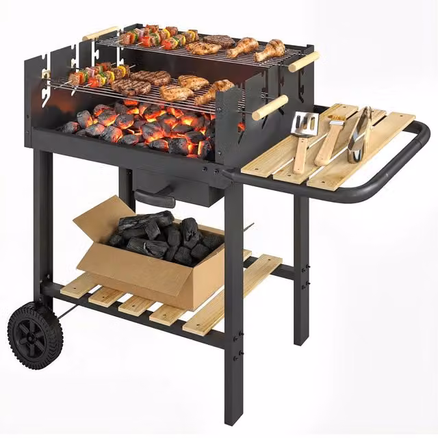 Barbecue a carbone XYLO nero con griglia regolabile a 4 altezze e ruote L: 99,5 cm, P: 58 cm, H: 82 cm – 1