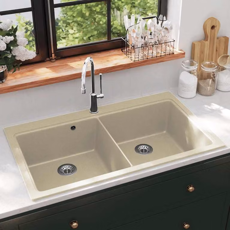 vidaXL Lavello da Cucina in Granito con Vasca Doppia, Beige, L/P/H: 86 x 51 x 20 cm