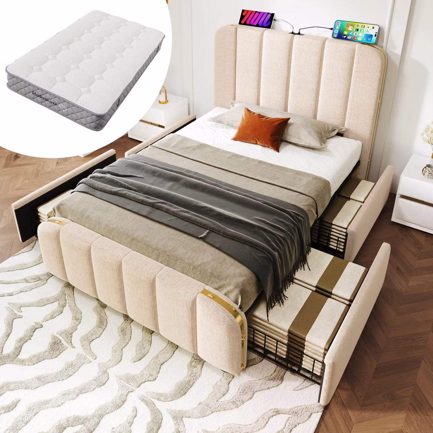 Letto imbottito 90 x 200 cm con materasso, 4 cassetti, porte USB e di tipo C, testiera imbottita con dettagli dorati, rete a doghe, colore beige