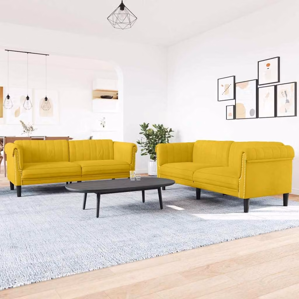 Set di divani vidaXL in velluto giallo composto da un divano a 2 posti e un divano a 3 posti con struttura in legno massiccio e funzione letto per il tuo soggiorno