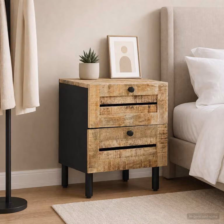 Comodino moderno vidaXL in legno di mango massello, colore naturale, L 40 cm x P 33 cm x H 46 cm
