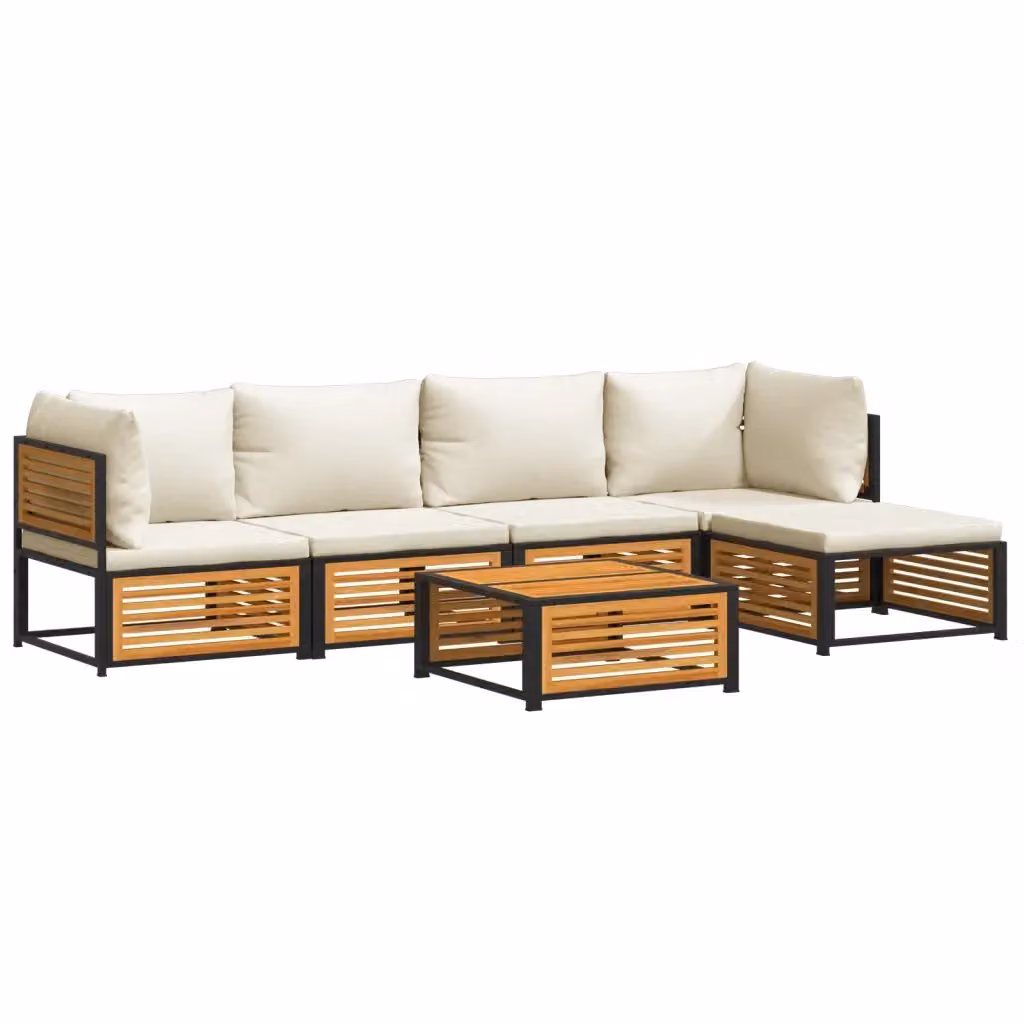 Set Divano da Giardino a L vidaXL 6 pz in Legno di Acacia e Acciaio con Cuscini Beige e Bianchi – 2