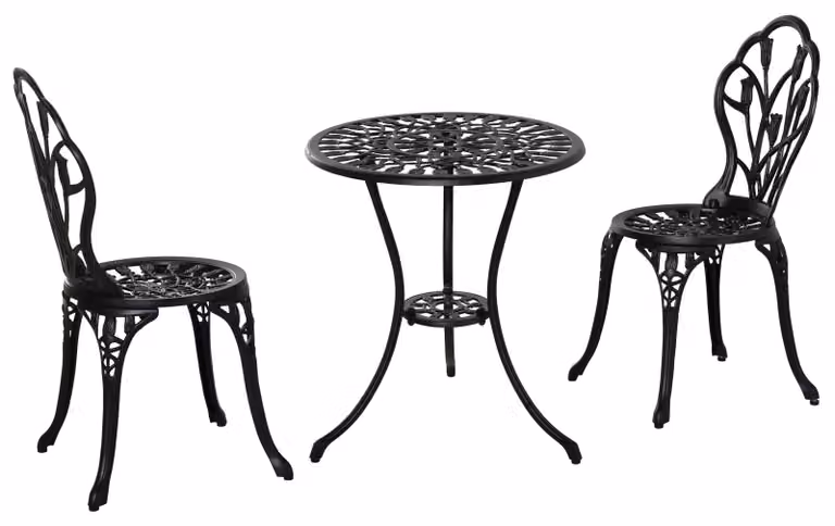 Set da bistrot Moonbite, composto da 3 elementi: tavolo da bistrot in alluminio completo, con diametro di 60 cm e foro per ombrellone, e 2 sedie pieghevoli. Resistente agli agenti atmosferici. Il tavolo supporta un peso fino a 30 kg. Materiale: alluminio,