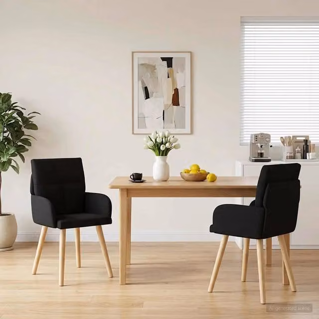 Set di 2 sedie da pranzo moderne vidaXL in tessuto nero e legno di gomma, L: 60 cm, P: 56 cm, H: 93 cm