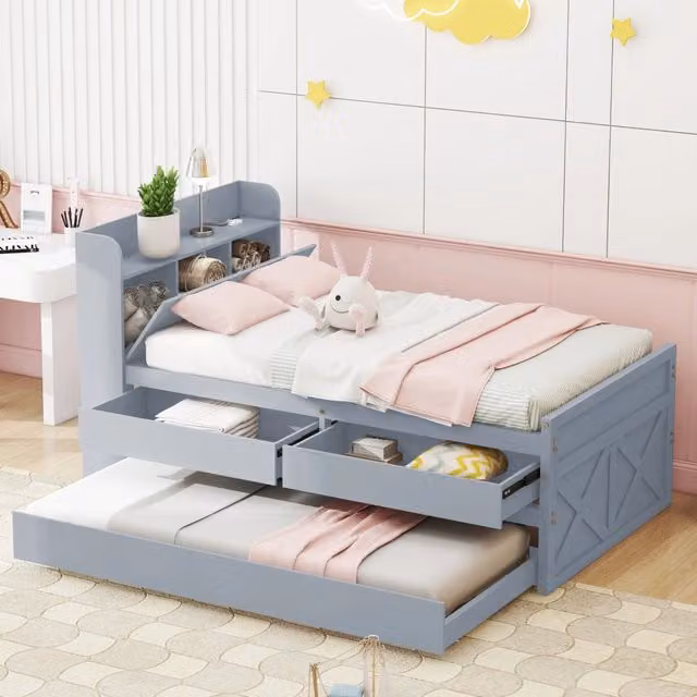 Letto singolo 90 × 190 cm con letto estraibile, 2 cassetti, comodino con USB, senza materasso, grigio