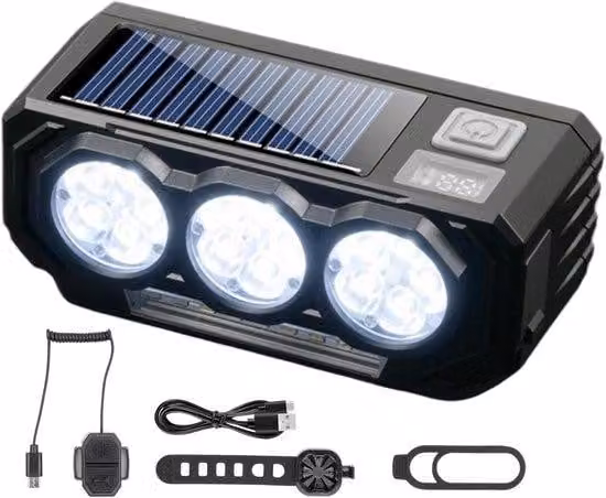 VHV - Lampada per bicicletta con clacson, ricaricabile tramite USB - Faro LED solare per bicicletta, ideale per la guida notturna - 5 modalità di illuminazione - adatta per biciclette da città, biciclette da scuola, mountain bike e per la guida notturna