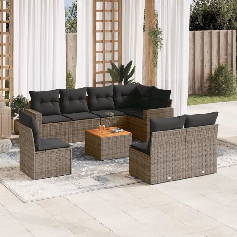 vidaXL Set Divano da Giardino 9 pz in Polyrattan con Cuscini e Tavolino da Caffè, Grigio e Marrone