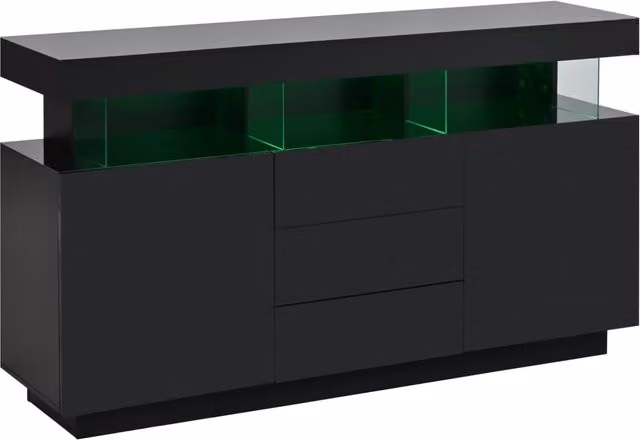 Sideboard moderno in acrilico nero lucido con LED, 140x35x80 cm, 3 cassetti e 2 armadietti per soggiorno e cucina