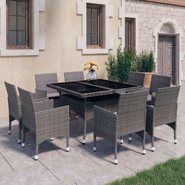 Set Mobili da Pranzo per Giardino vidaXL in Polyrattan e Vetro Grigio, 9 Pezzi