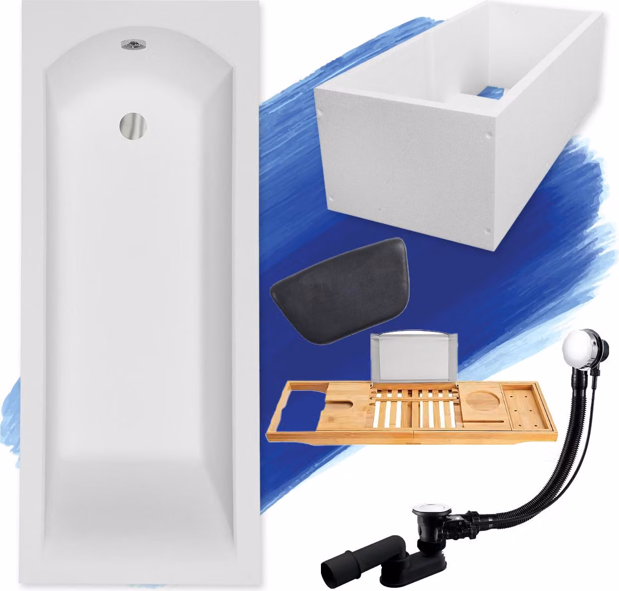 Set da bagno rettangolare 5in1 150x70 con set di scarico e piedini GRATUITI + supporto da bagno + mensola in legno di bambù + poggiatesta in nero | BADLAND SHEA