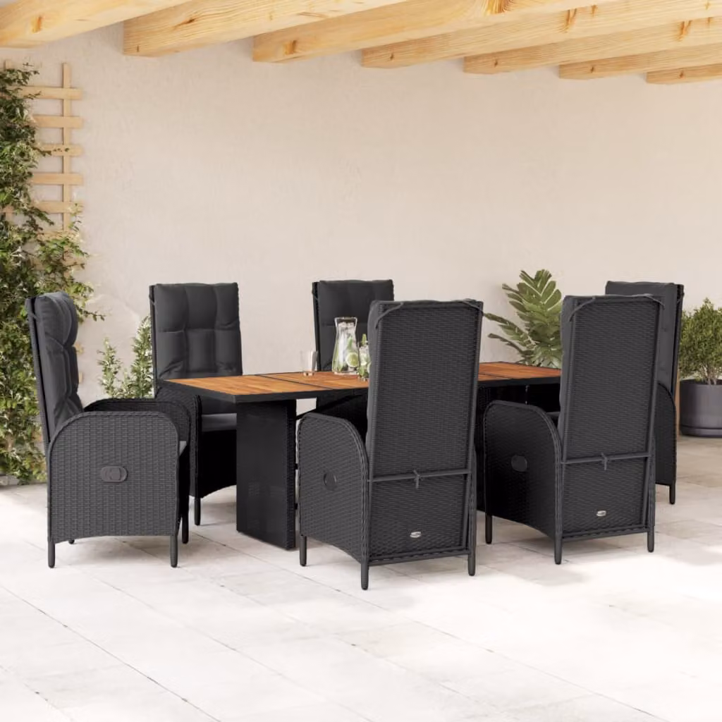 vidaXL Set da Pranzo da Giardino 7 pz in Polyrattan e Legno di Acacia Nero con Cuscini – 1