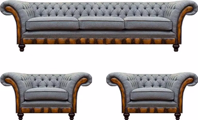 Stilvolle Chesterfield Hellgraue Couchgarnitur Wohnzimmer Sofas 3tlg