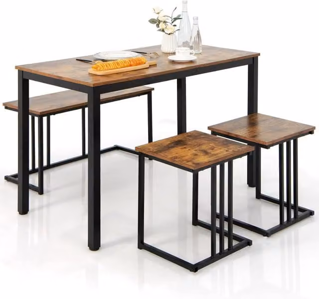 Set Tavolo da Pranzo 4 Pezzi Costway in Stile Industriale con Panca e 2 Sgabelli, Colore Marrone e Nero, L/P/H: 120 x 60 x 74,5 cm – 1