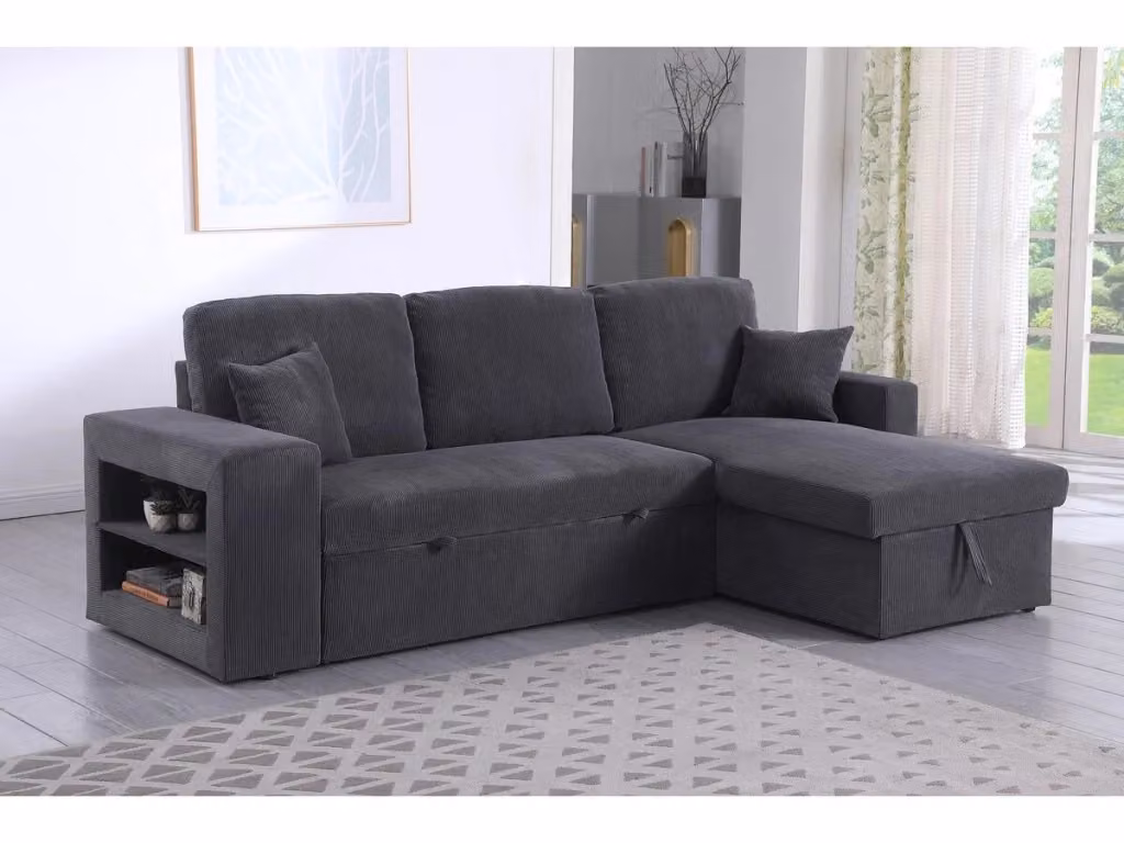 Divano letto angolare Axel Habitat in velluto a coste reversibile Grigio, 3 posti, L/P/H: 233 x 83 x 86 cm con materasso 140 x 200 cm – 2