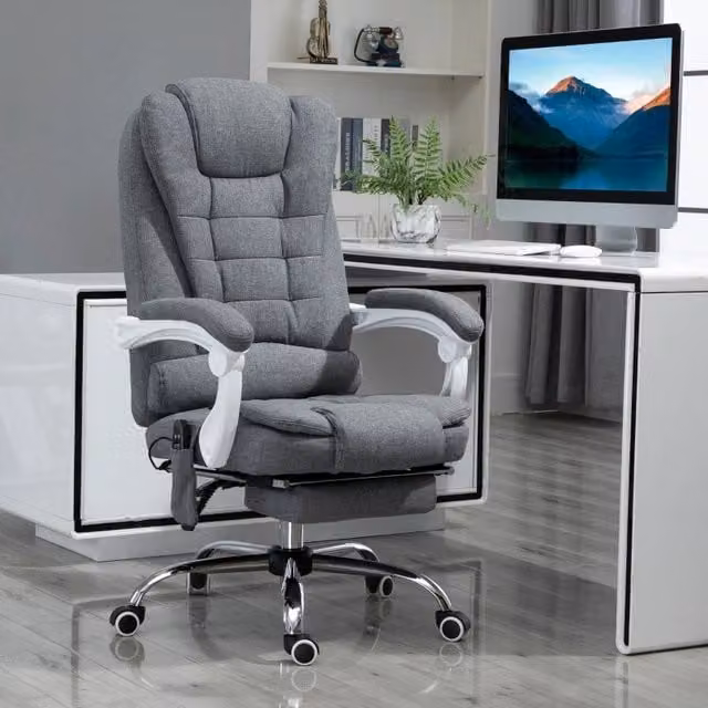 Sedia da ufficio moderna con massaggio e riscaldamento, reclinabile con poggiapiedi in tessuto grigio, L: 65 cm, P: 65 cm, H: 120 cm – 1