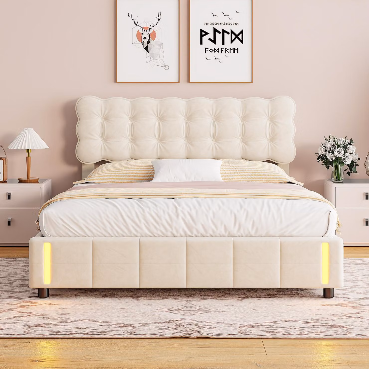 letto da 160 x 200 cm con contenitore, rete imbottita con illuminazione a LED e rete a doghe, velluto beige