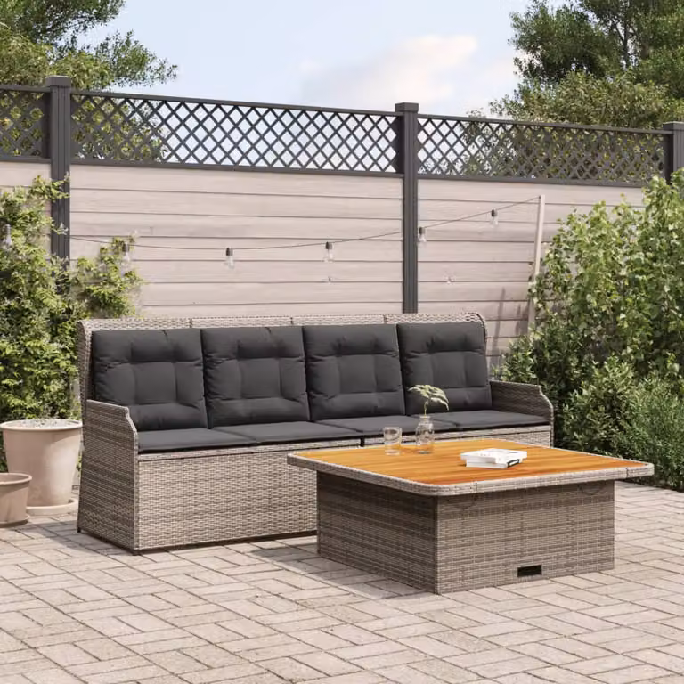 Set da giardino vidaXL composto da un divano a 3 posti, un divano a 2 posti e un tavolino da caffè in rattan con cuscini grigi e struttura in acciaio verniciato a polvere