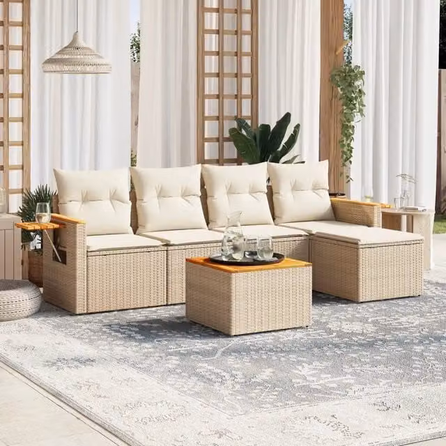 Set Divano da Giardino a L vidaXL in Polyrattan con Cuscini Beige e Tavolino da 6 Pezzi