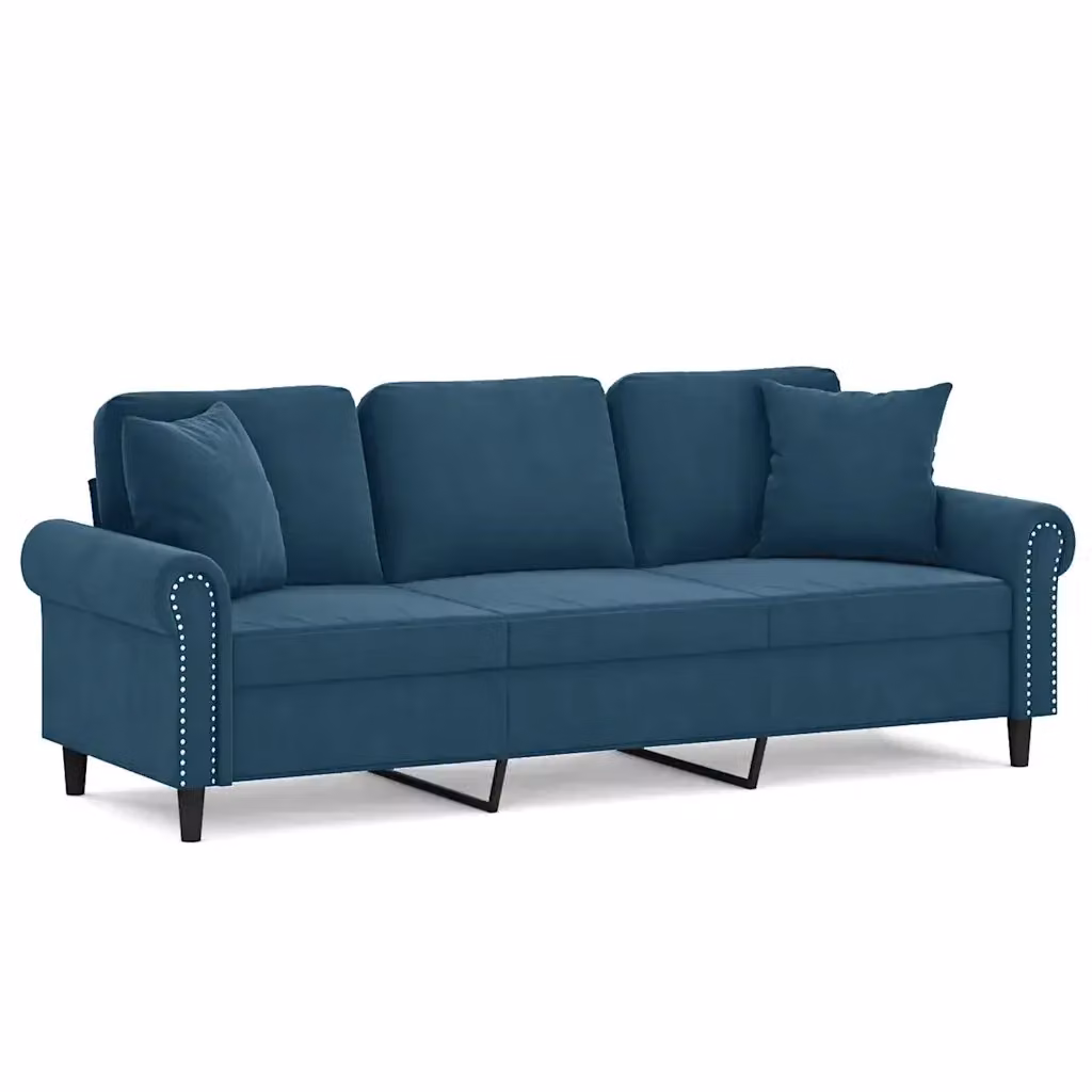 vidaXL Divano a 3 Posti Moderno in Velluto Blu con Cuscini e Struttura in Metallo – 2
