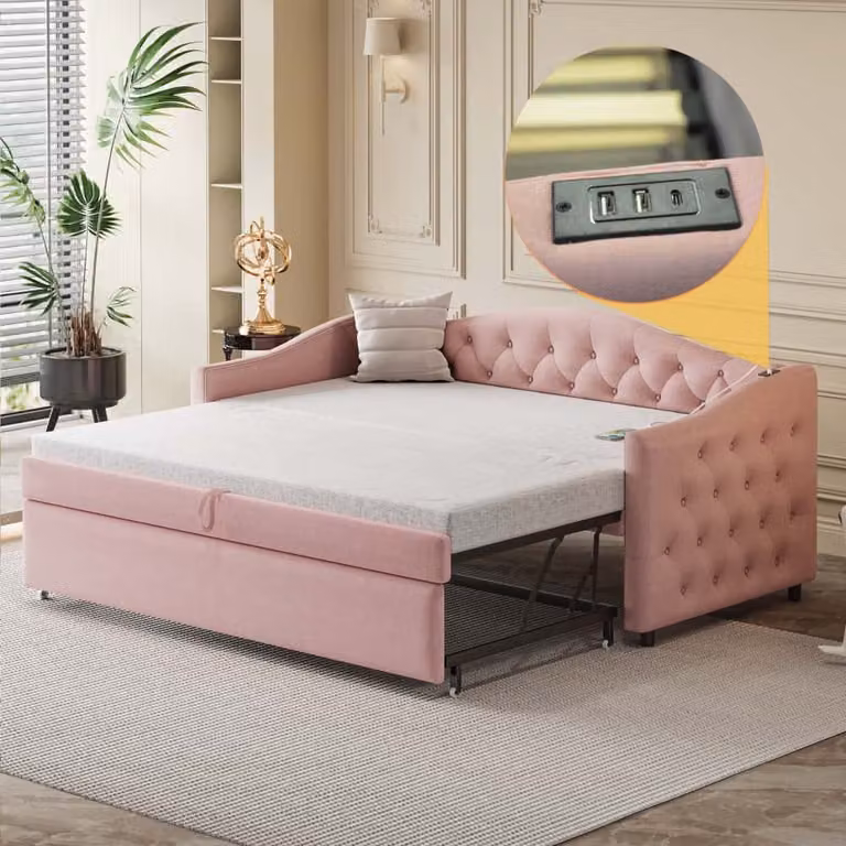 Letto imbottito AIORBER, 90x200 cm, divano letto allungabile, elementi a bottone, morbido, tessuto di lino, letti da giorno, con connessione USB, con rete a doghe, rosa