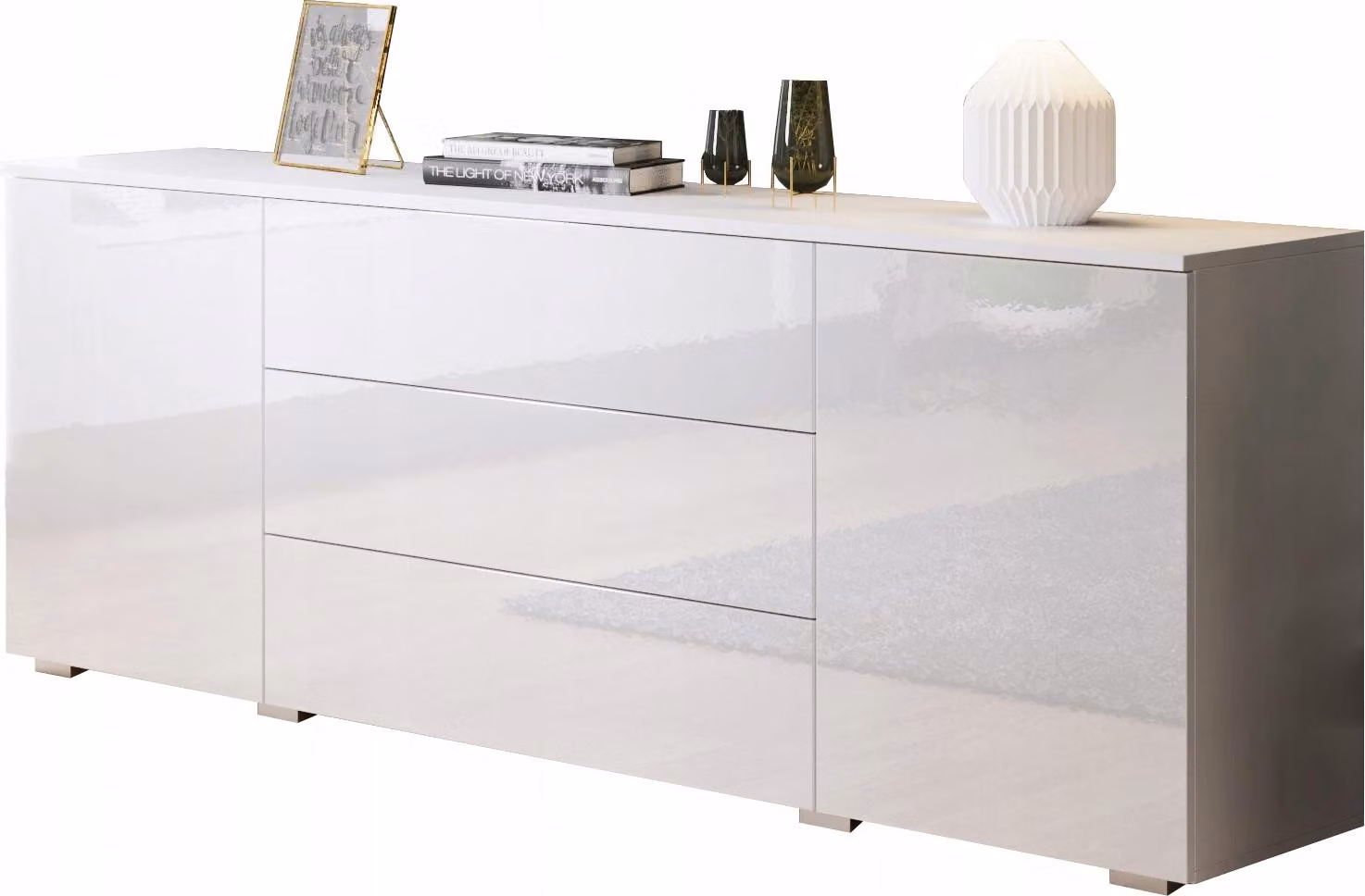 Comodino da 150 cm per camera da letto, con 3 cassetti e ante, finitura bianca opaca/lucida