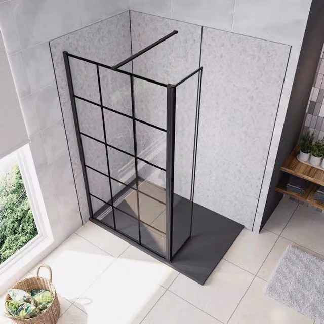Box Doccia Walk-in AICA ITALY con Parete Fissa e Paraspruzzo, Vetro Temperato da 8 mm Trasparente con Serigrafia Riquadri Neri e Barra Stabilizzatrice, L: 110 cm, H: 200 cm – 1