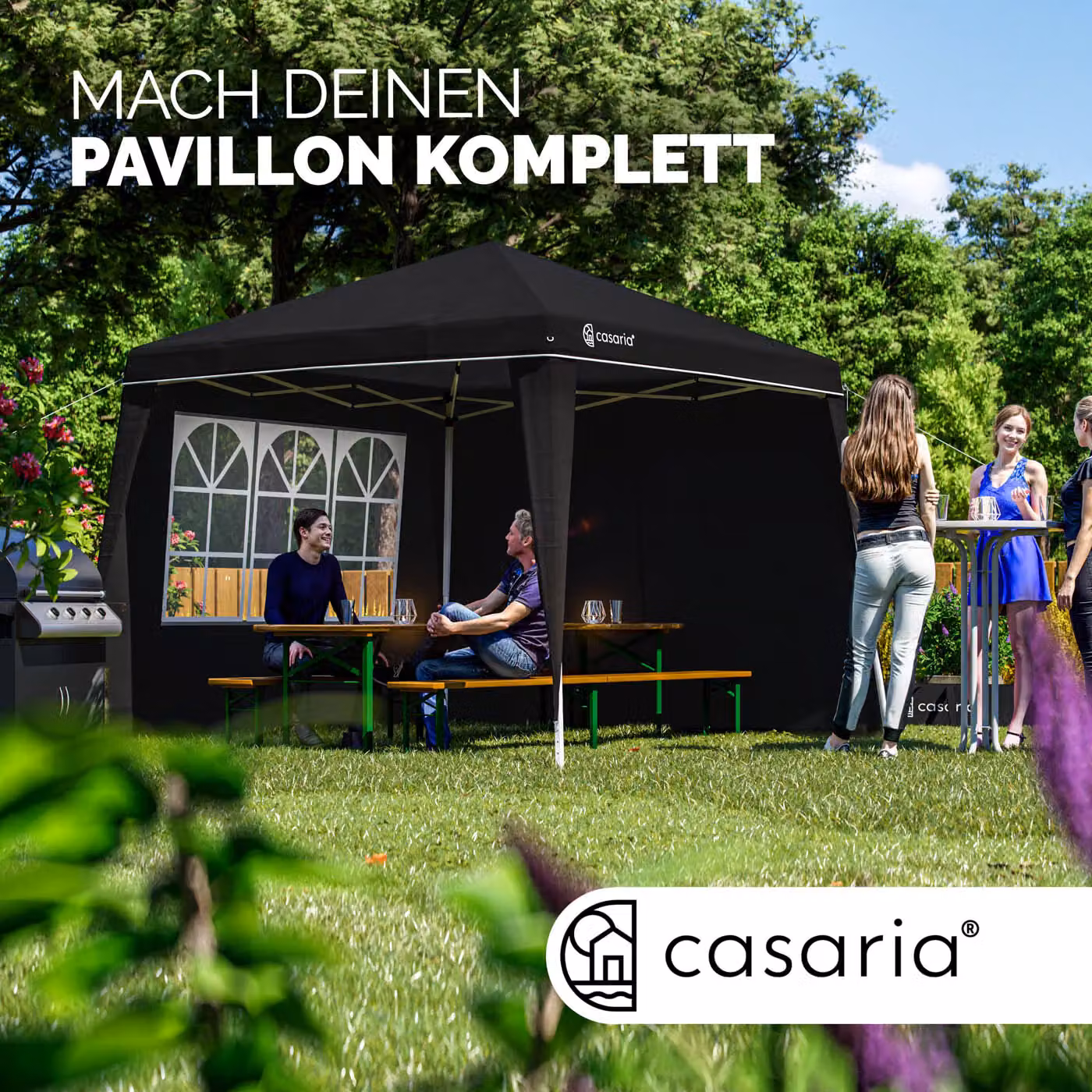 Set di 2 Gazebo pieghevoli a parete laterale Capri Casaria® nero 3x3m in poliestere con protezione UPF 50+ – 2