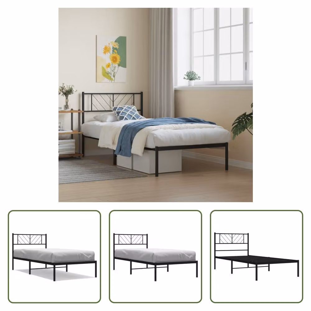 The Living Store Struttura letto con testiera in metallo nero 90x190 cm