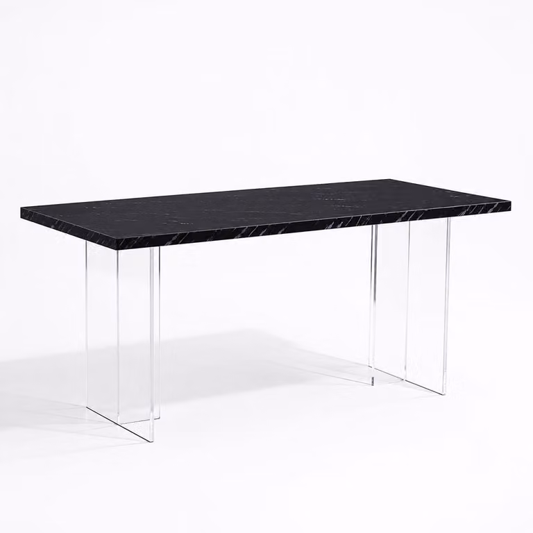 Tavolo rettangolare di 160x80 cm, con piano in melaminico e gambe in acrilico trasparente, design contemporaneo, ideale per la sala da pranzo o l'ufficio – Modello Elio/Marmor