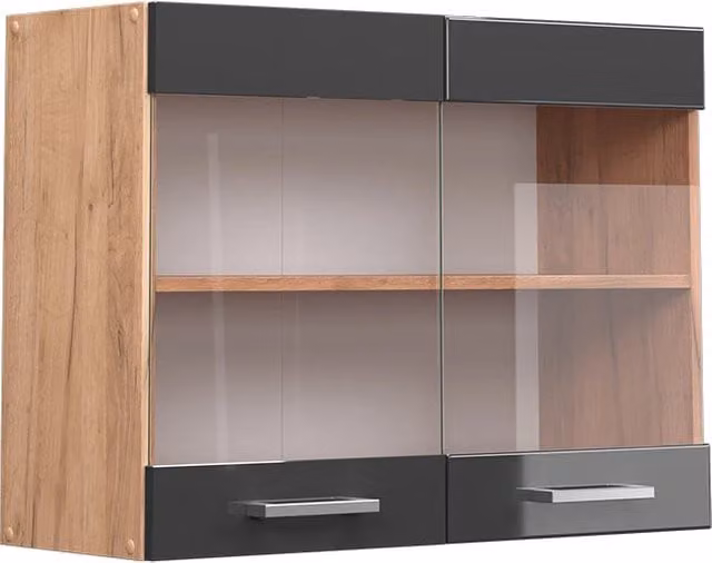 Pensile da cucina Vicco R-Line con ante in vetro, Antracite lucido e Rovere, L: 80 cm, H: 60 cm, P: 31 cm
