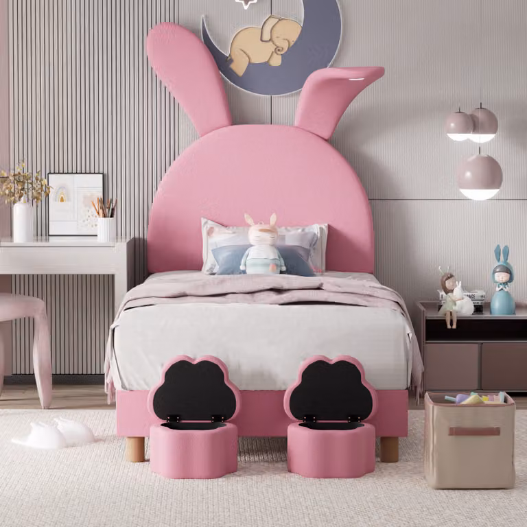 Letto imbottito Flieks 90x200cm con 2 sgabelli contenitore, letto per bambini con testiera a forma di orecchie di coniglio, letto per ragazzi con LED, letto singolo in legno velluto, rosa