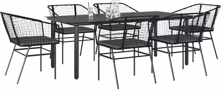 Set Pranzo da Giardino 7 pz Nero con Cuscini Polyrattan Vetro