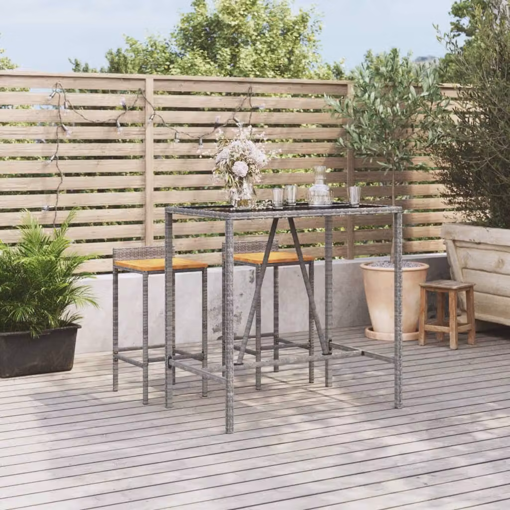 vidaXL Tavolo da Bar Moderno in Polyrattan con Piano in Vetro Grigio e Nero L: 110 cm, P: 70 cm, H: 110 cm