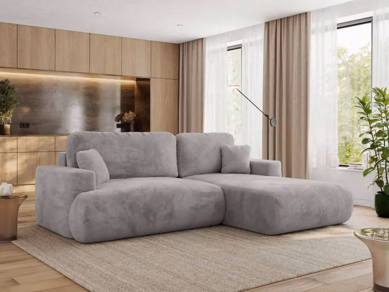 MKS MEBLE divano angolare OVO con funzione letto e box letto, felpato grigio chiaro, divano a L, divano angolare a 4 posti, 271x195x95 cm - lato destro
