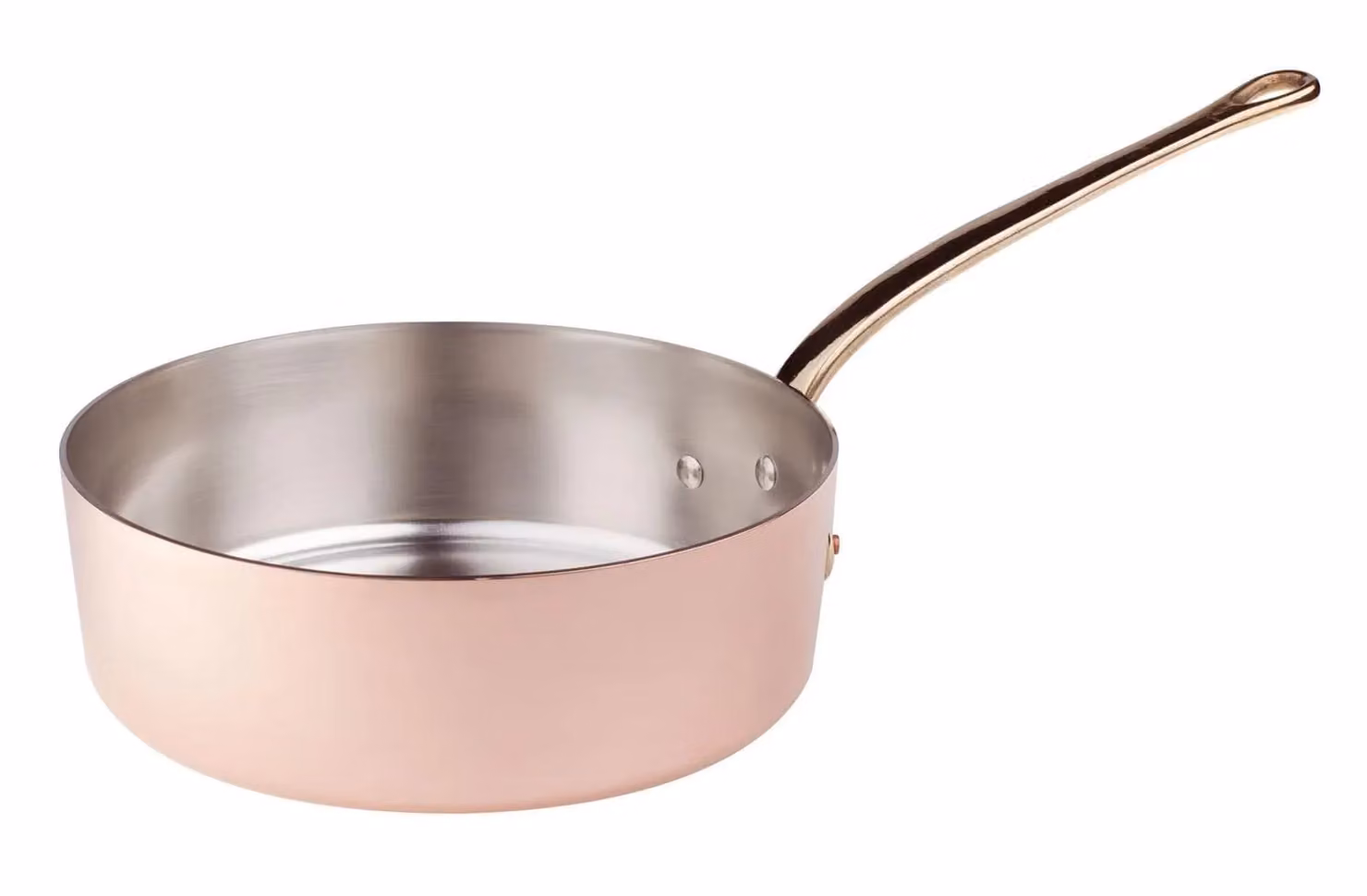 Casseruola Bassa in rame liscio con un manico in ottone fuso, diam. 16cm