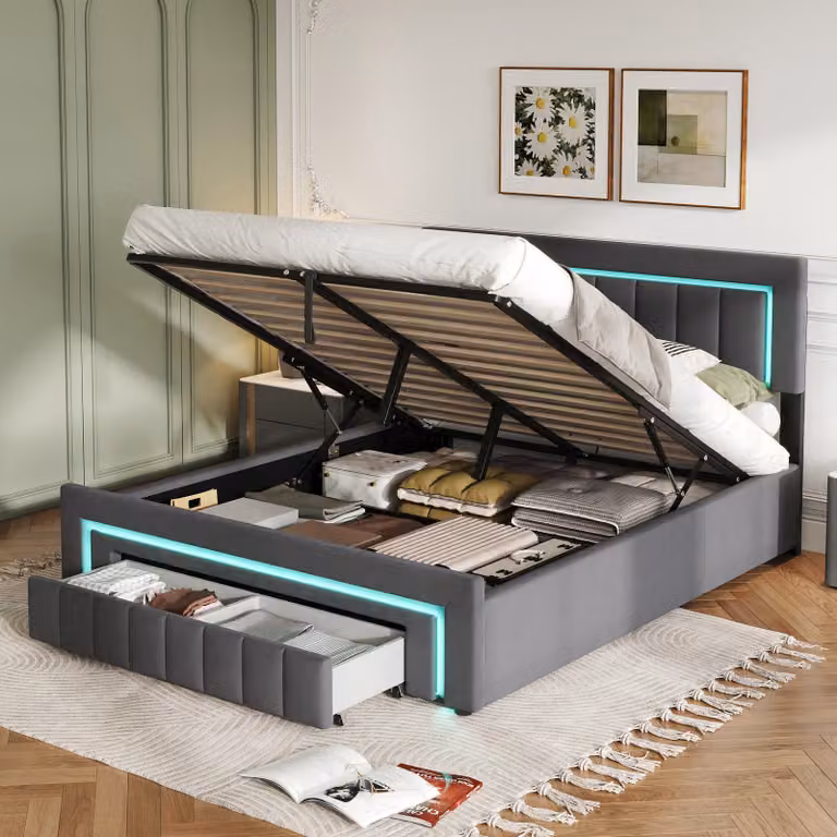 MODFU Letto imbottito 140 × 190 con LED, Letto per bambini con cassetti portaoggetti e rotelle, struttura senza materasso, grigio