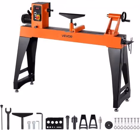 VEVOR Tornio per Legno da Banco con Motore DC Senza Spazzole da 1100W, Velocità Variabile da 150 a 3200 giri/min, Colore Arancione, Costruzione in Ghisa, L: 102 cm